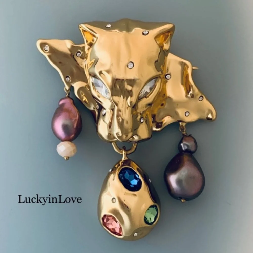 ALEXIS BITTAR • Gold Molten Crumpled Panther Head Green Rose Blue Pink Necklace